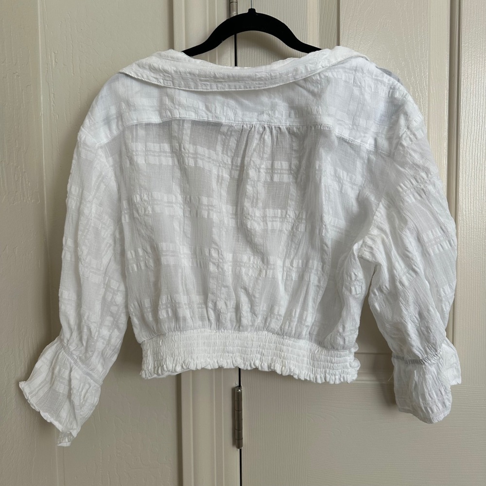 Anthropologie White Banded Surplice V-Neck Blouse - Textured Puff Sleeve - S - Picture 4 of 8
